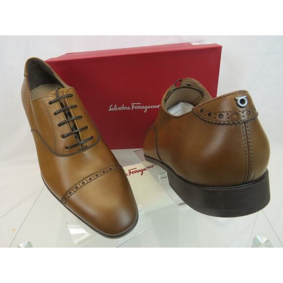 NIB FERRAGAMO BOSTON BROWN TAN AMBRE BROGUE LEATHER GANCINI BIT OXFORDS 8.5 D - Picture 1 of 12